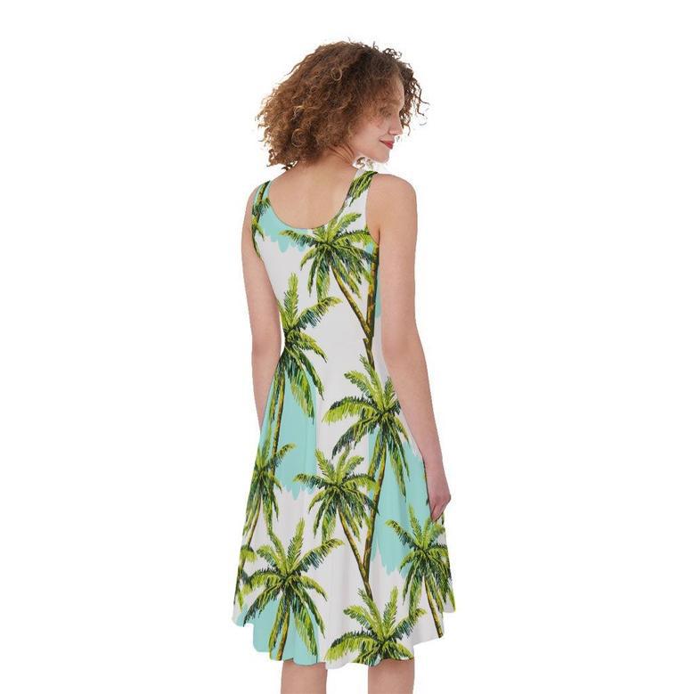 Palm Tree Tropical Pattern Print Sleeveless Knee Length Dress