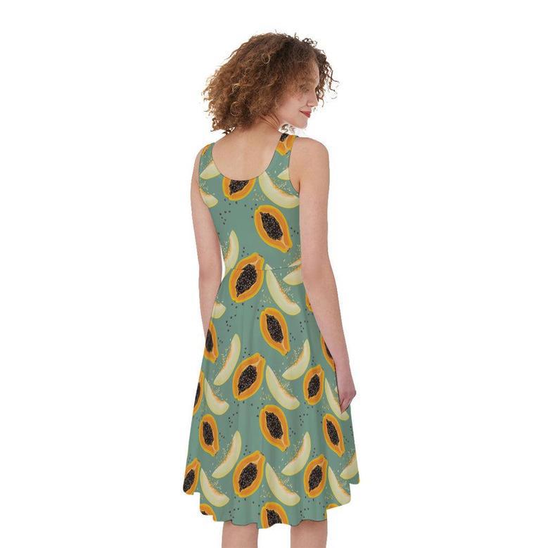 Papaya And Melon Pattern Print Sleeveless Knee Length Dress