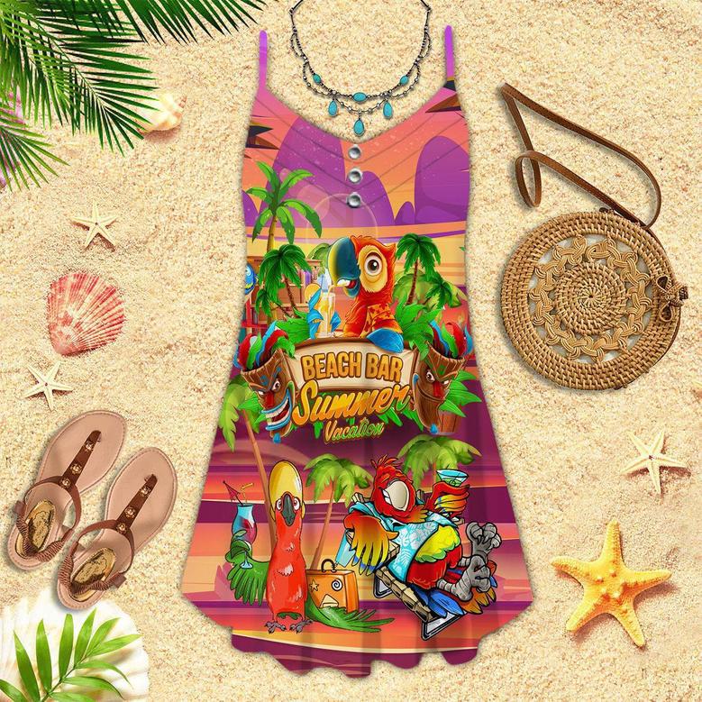 Parrot Drink Cocktail Tiki Party Beach Bar Pink Spaghetti Strap Summer Dress