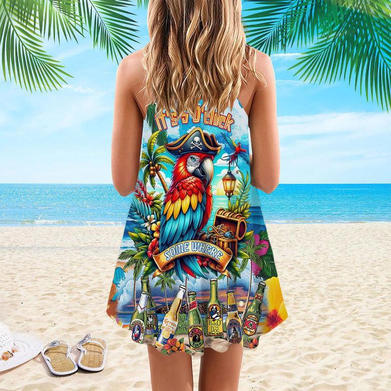 Parrot It's 5 O'Clock Somewhere Beer Party On The Beach Blue Spaghetti Strap Summer Dress