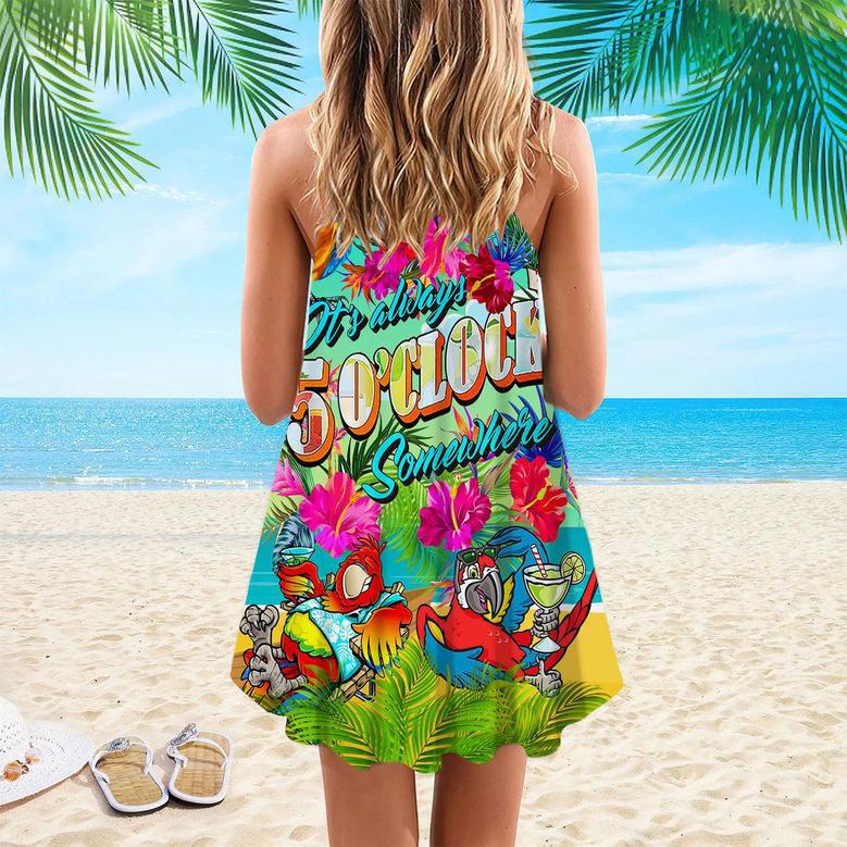 Parrots It's Five O'clock Somewhere Margarita Cocktails Tropical Spaghetti Strap Summer Dress