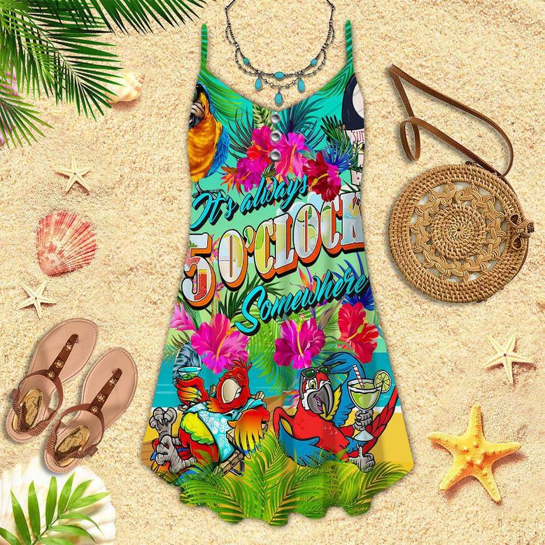 Parrots It's Five O'clock Somewhere Margarita Cocktails Tropical Spaghetti Strap Summer Dress