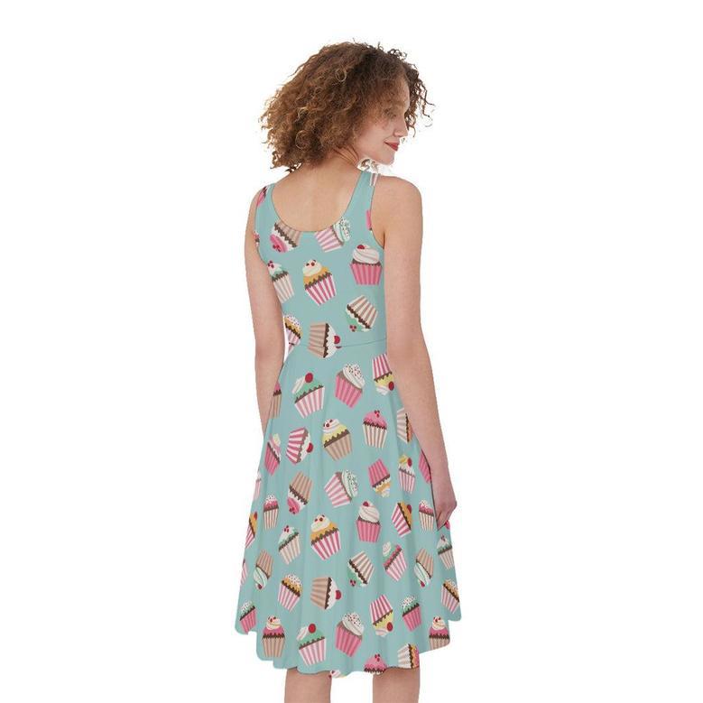 Pastel Cupcake Pattern Print Sleeveless Knee Length Dress