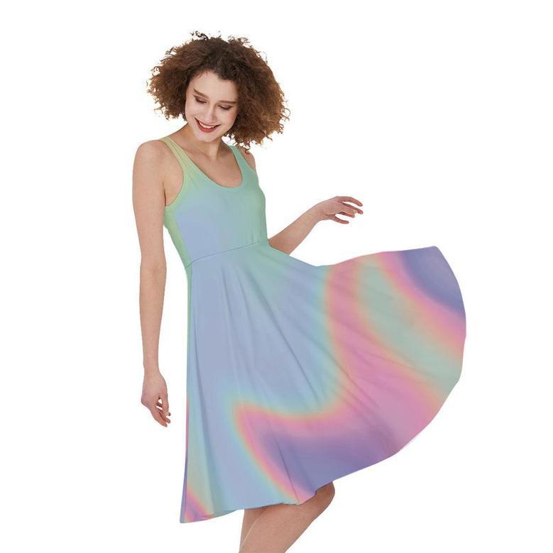 Pastel Holographic Print Sleeveless Knee Length Dress