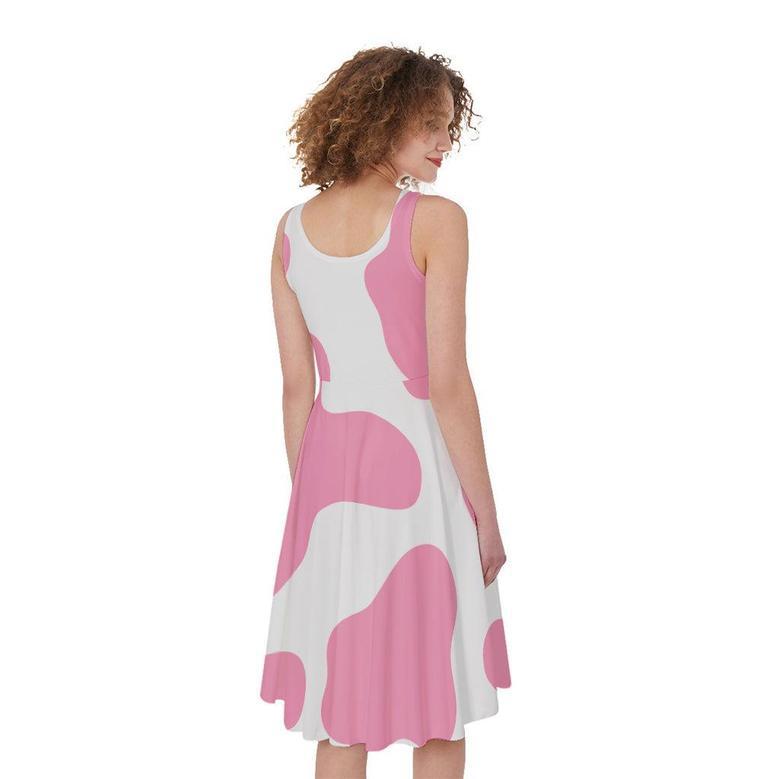 Pastel Pink And White Cow Print Sleeveless Knee Length Dress