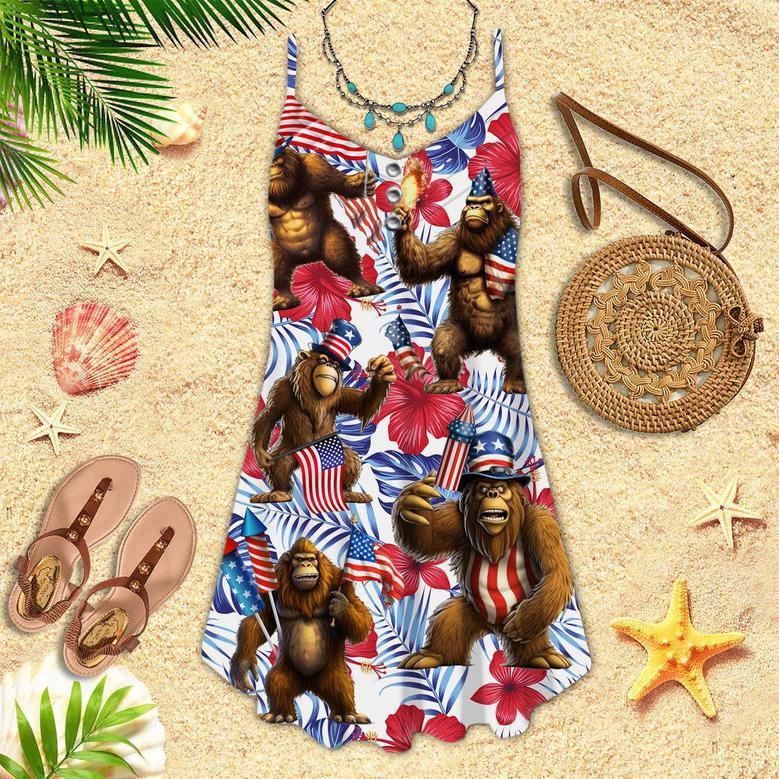 Patriot Day Gift for American Girls Tropical Bigfoot America Flag Spaghetti Strap Summer Dress