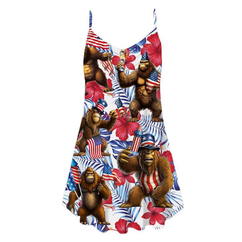 Patriot Day Gift for American Girls Tropical Bigfoot America Flag Spaghetti Strap Summer Dress