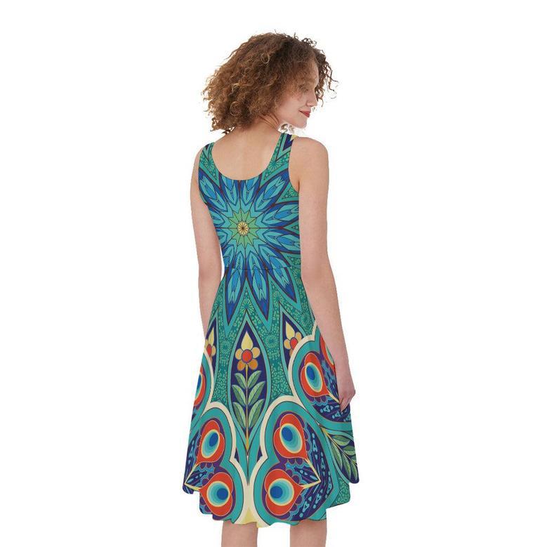 Peacock Feather Floral Pattern Print Sleeveless Knee Length Dress