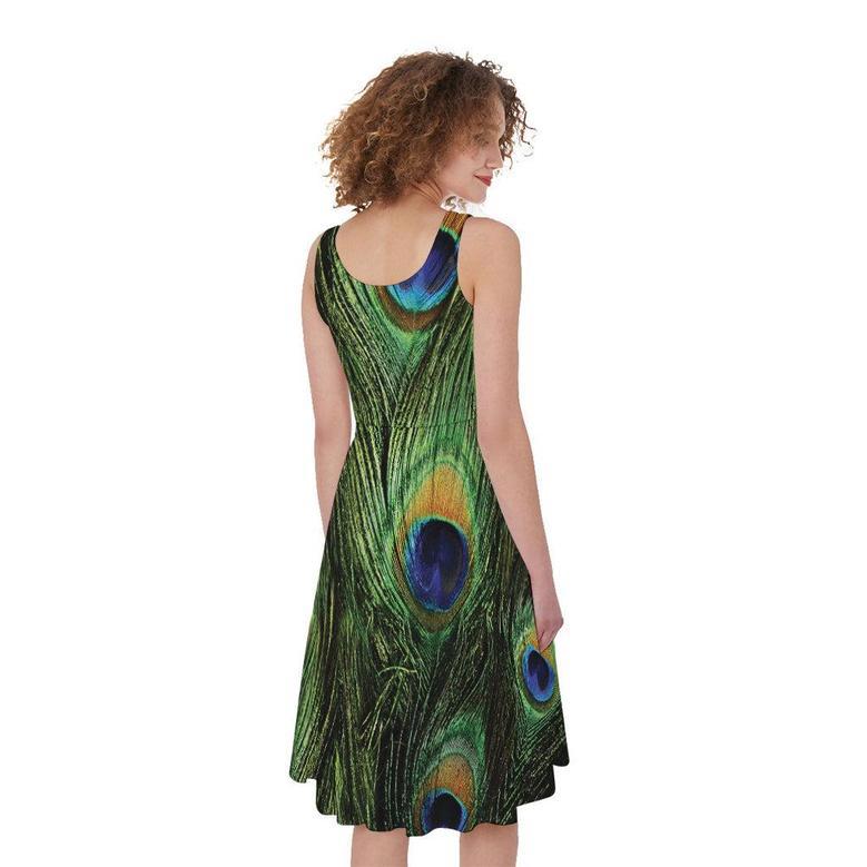 Peacock Tail Print Sleeveless Knee Length Dress