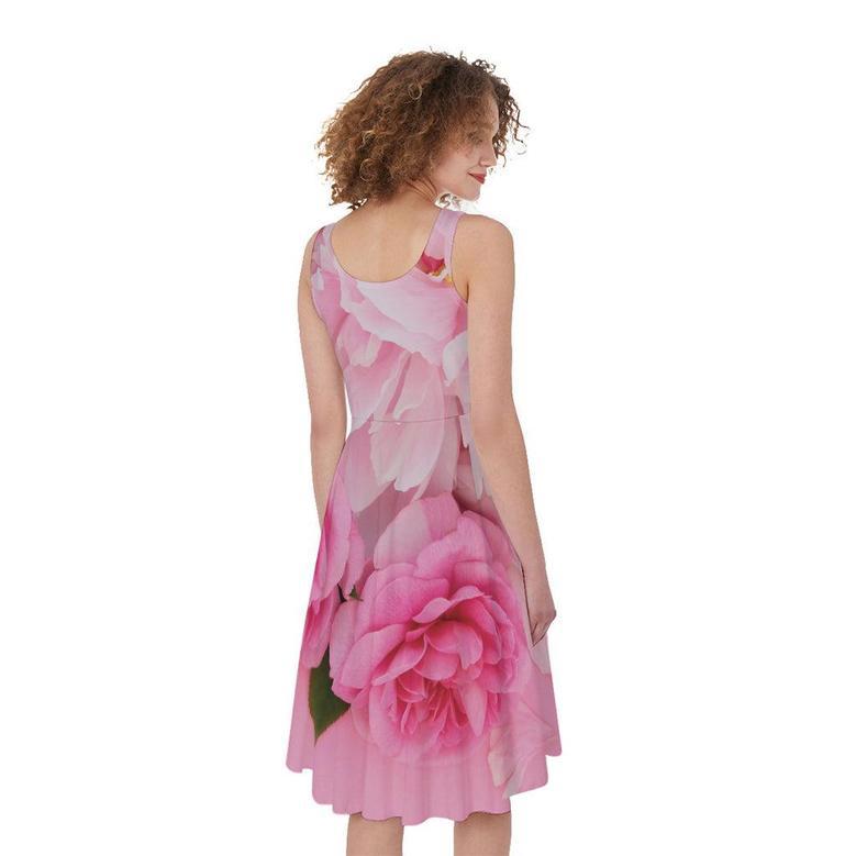 Peony And Rose Print Sleeveless Knee Length Dress