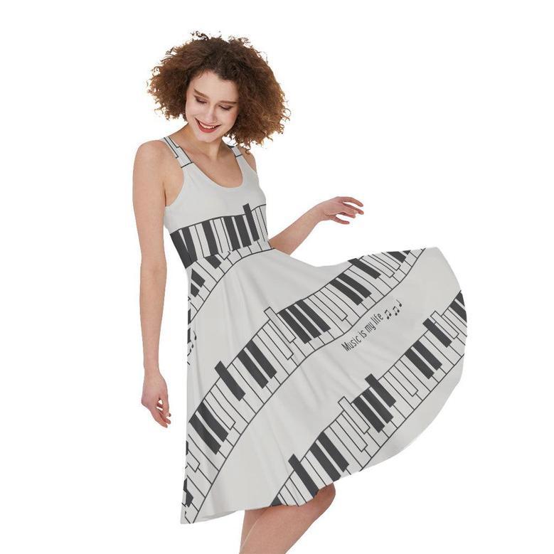 Piano Pattern Print Sleeveless Knee Length Dress