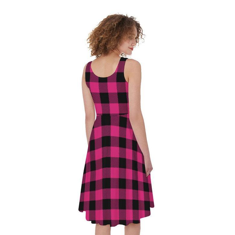 Pink And Black Buffalo Plaid Print Sleeveless Knee Length Dress