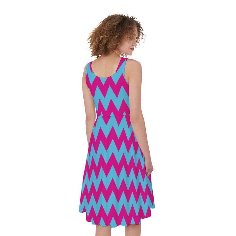 Pink And Blue Chevron Pattern Print Sleeveless Knee Length Dress