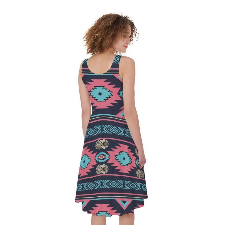 Pink And Blue Southwestern Pattern Print Sleeveless Knee Length Dress