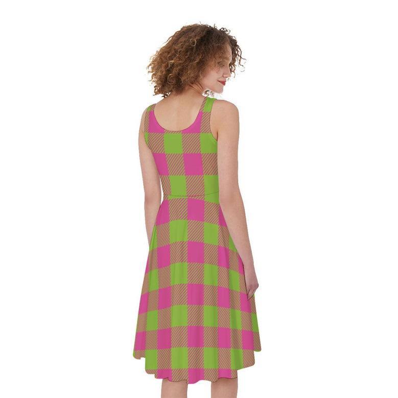 Pink And Green Buffalo Plaid Print Sleeveless Knee Length Dress