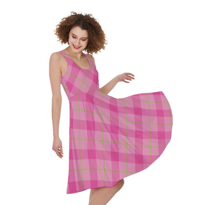 Pink And Green Plaid Pattern Print Sleeveless Knee Length Dress