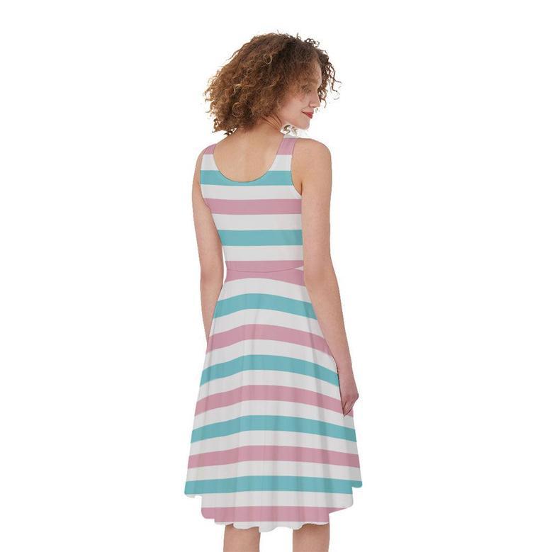 Pink And Teal Striped Pattern Print Sleeveless Knee Length Dress