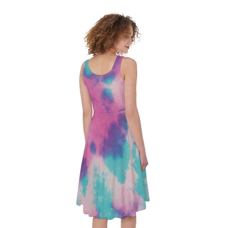 Pink And Teal Tie Dye Print Sleeveless Knee Length Dress