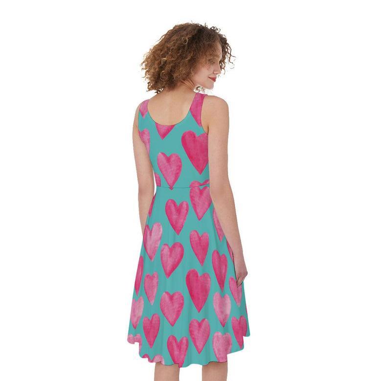 Pink And Teal Watercolor Heart Print Sleeveless Knee Length Dress