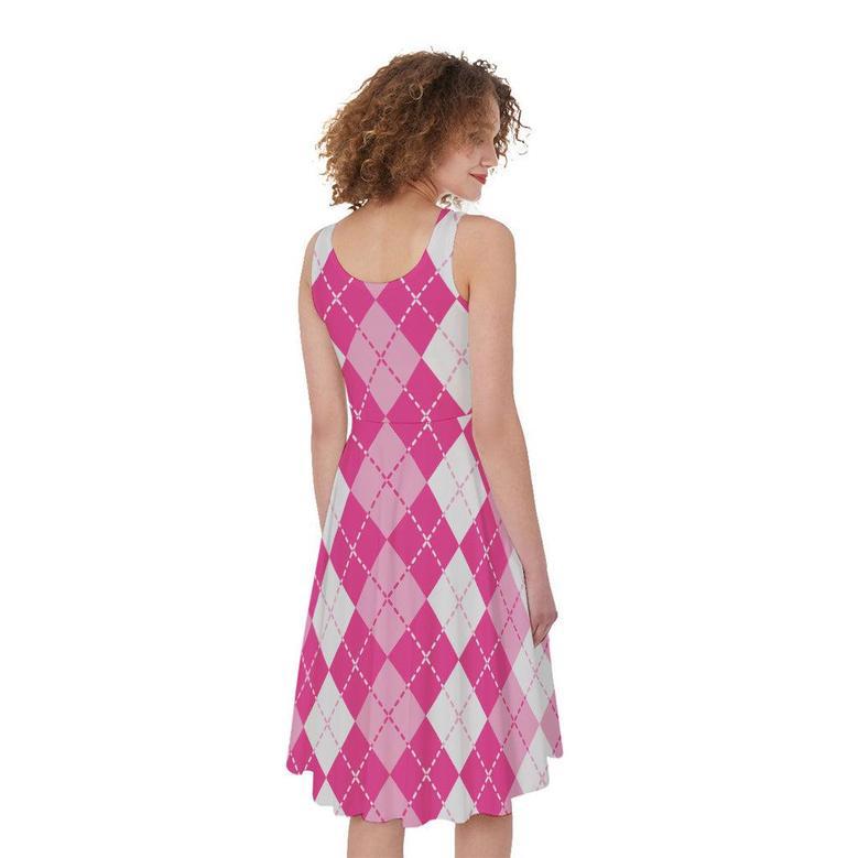 Pink And White Argyle Pattern Print Sleeveless Knee Length Dress