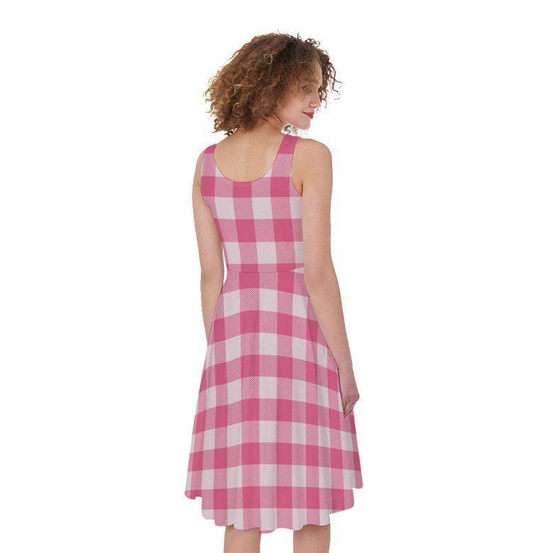 Pink And White Buffalo Check Print Sleeveless Knee Length Dress