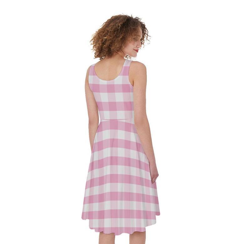 Pink And White Gingham Pattern Print Sleeveless Knee Length Dress