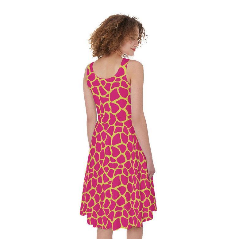 Pink And Yellow Giraffe Pattern Print Sleeveless Knee Length Dress