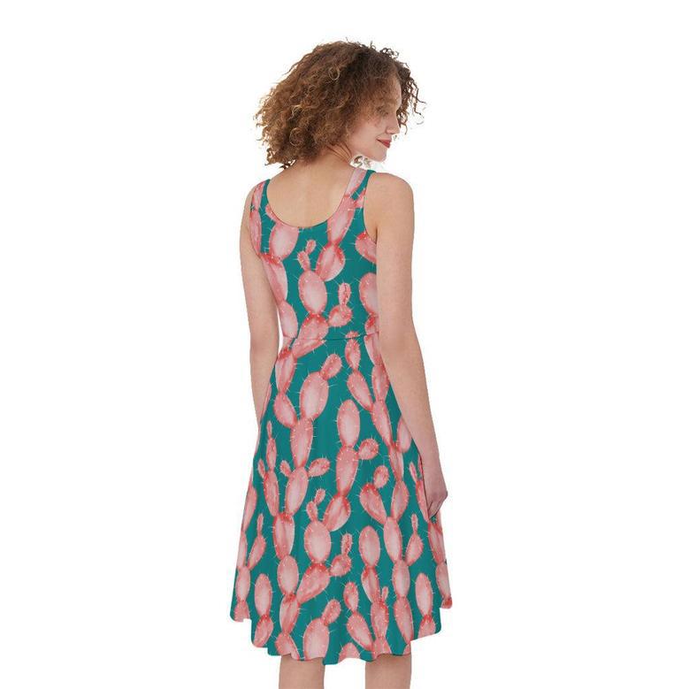 Pink Cactus Pattern Print Sleeveless Knee Length Dress