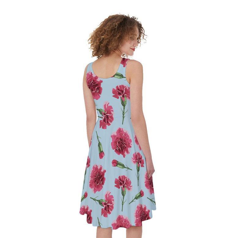 Pink Carnation Pattern Print Sleeveless Knee Length Dress