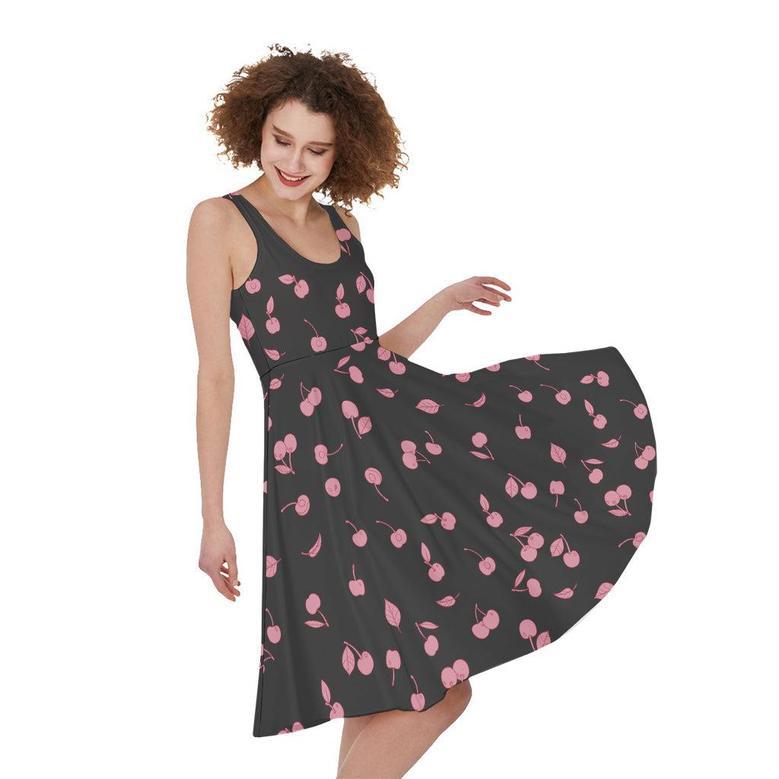 Pink Cherry Pattern Print Sleeveless Knee Length Dress