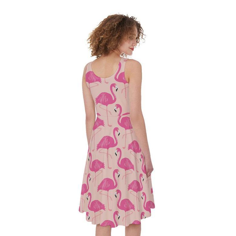 Pink Flamingo Pattern Print Sleeveless Knee Length Dress