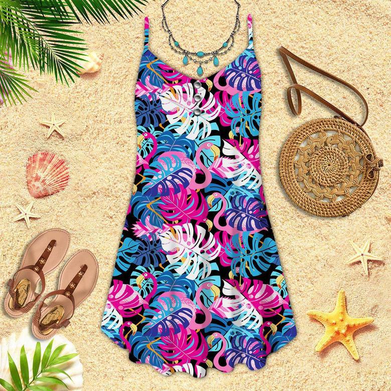 Pink Flamingos With Tropical Leaves Spaghetti Strap Summer Dress