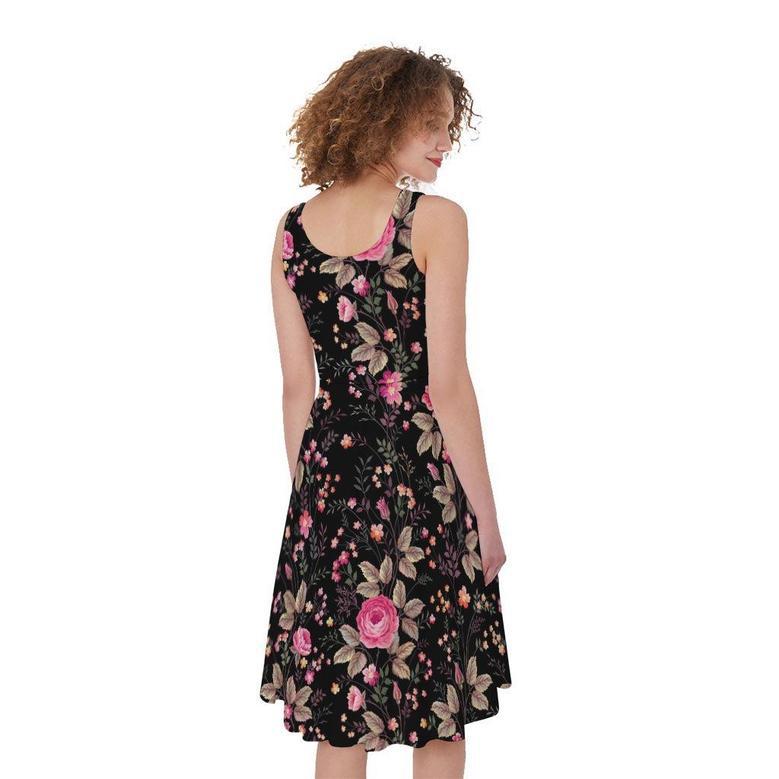 Pink Floral Flower Pattern Print Sleeveless Knee Length Dress