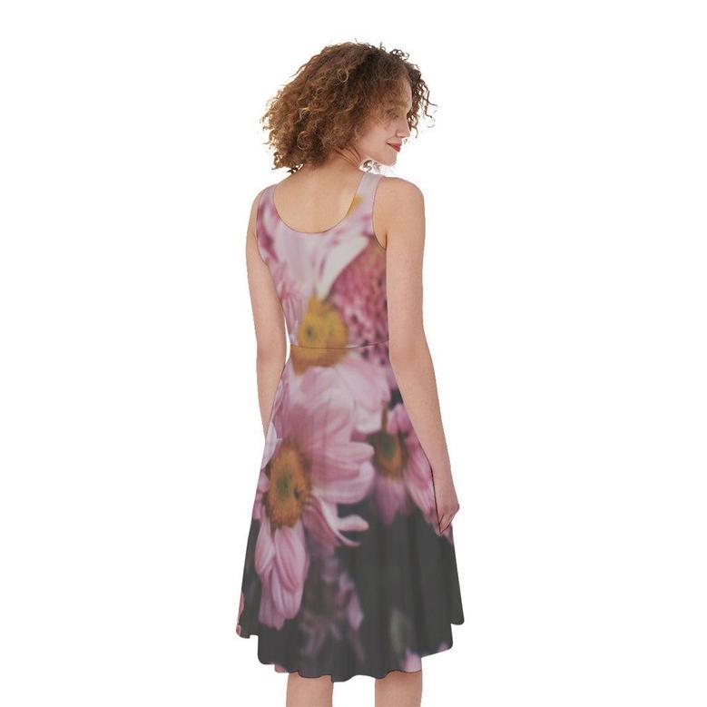 Pink Flowers Print Sleeveless Knee Length Dress