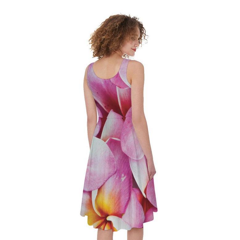 Pink Frangipani Flower Print Sleeveless Knee Length Dress