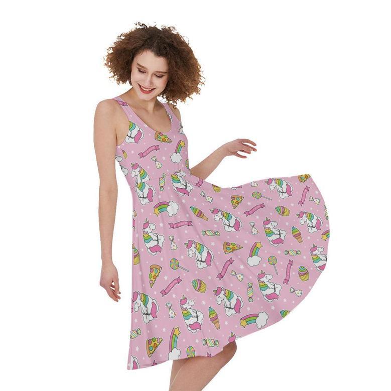 Pink Girly Unicorn Pattern Print Sleeveless Knee Length Dress