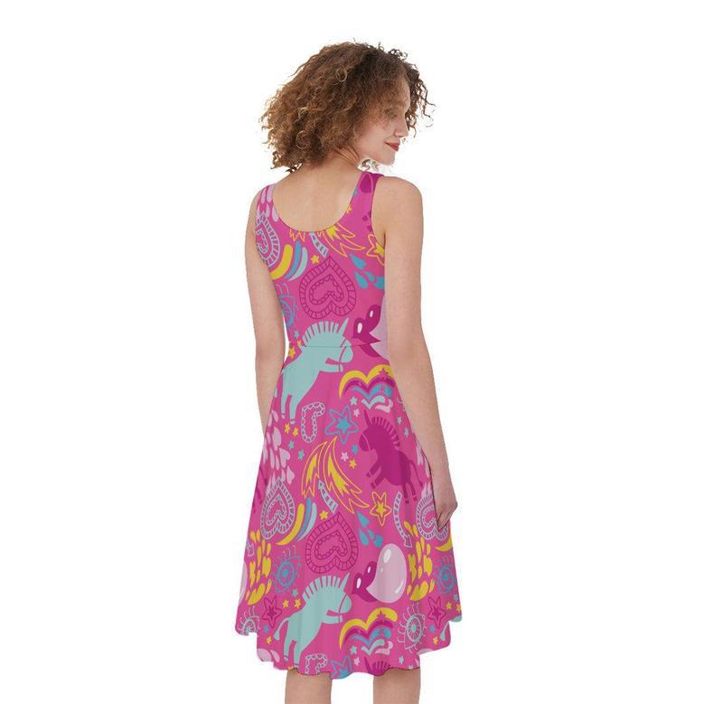 Pink Girly Unicorn Print Sleeveless Knee Length Dress