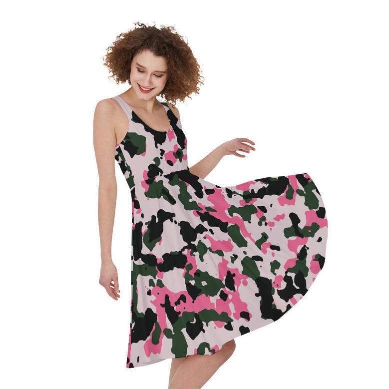 Pink Green And Black Camouflage Print Sleeveless Knee Length Dress