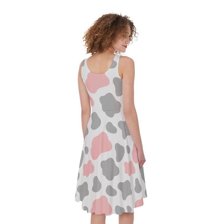 Pink Grey And White Cow Print Sleeveless Knee Length Dress