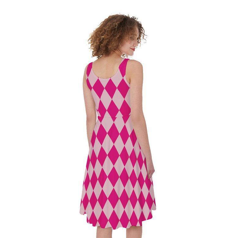 Pink Harlequin Pattern Print Sleeveless Knee Length Dress