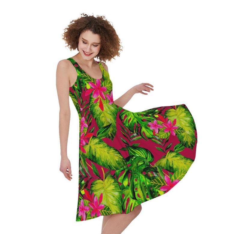 Pink Hawaiian Tropical Pattern Print Sleeveless Knee Length Dress