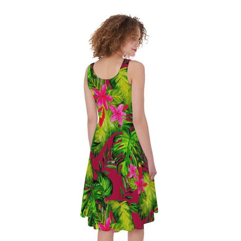 Pink Hawaiian Tropical Pattern Print Sleeveless Knee Length Dress