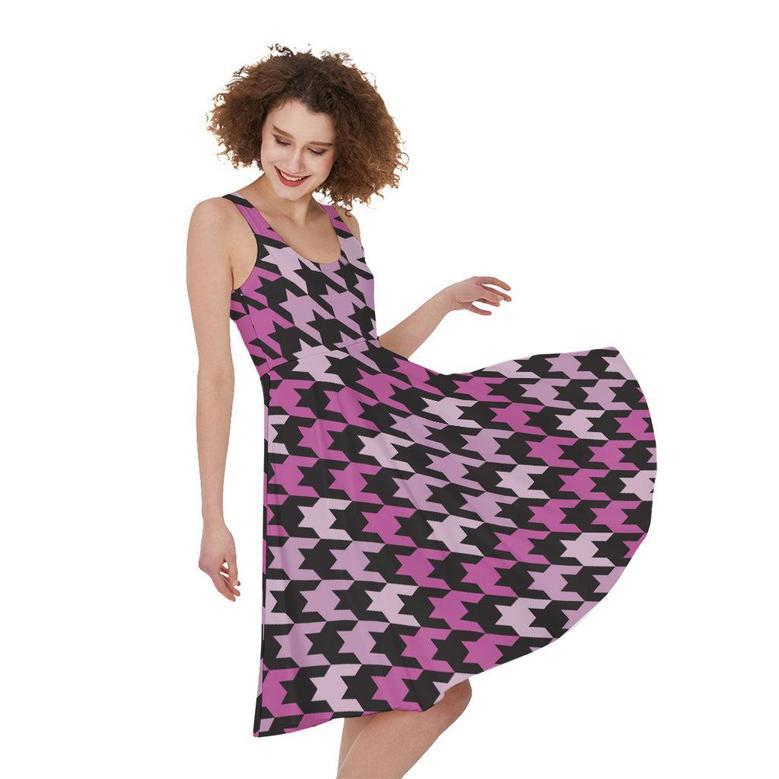 Pink Houndstooth Pattern Print Sleeveless Knee Length Dress