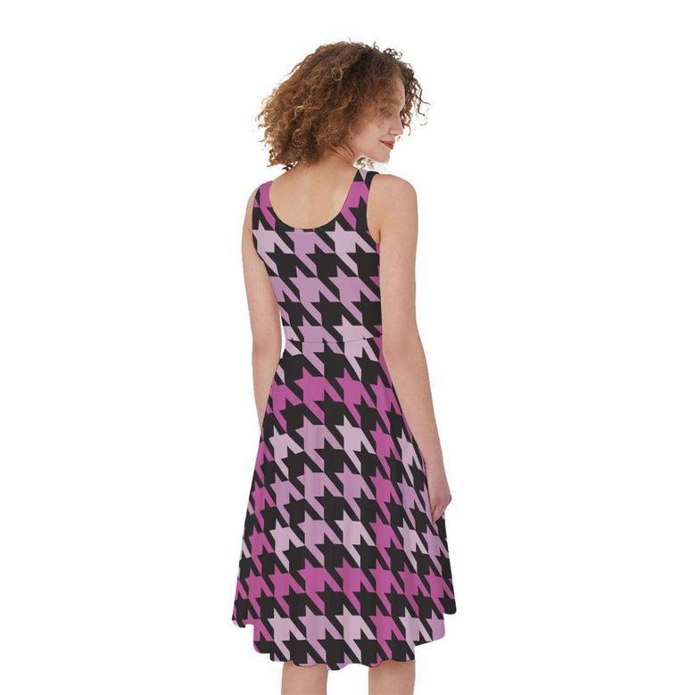 Pink Houndstooth Pattern Print Sleeveless Knee Length Dress