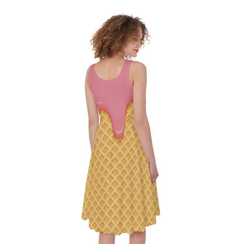 Pink Ice Cream Melted Print Sleeveless Knee Length Dress