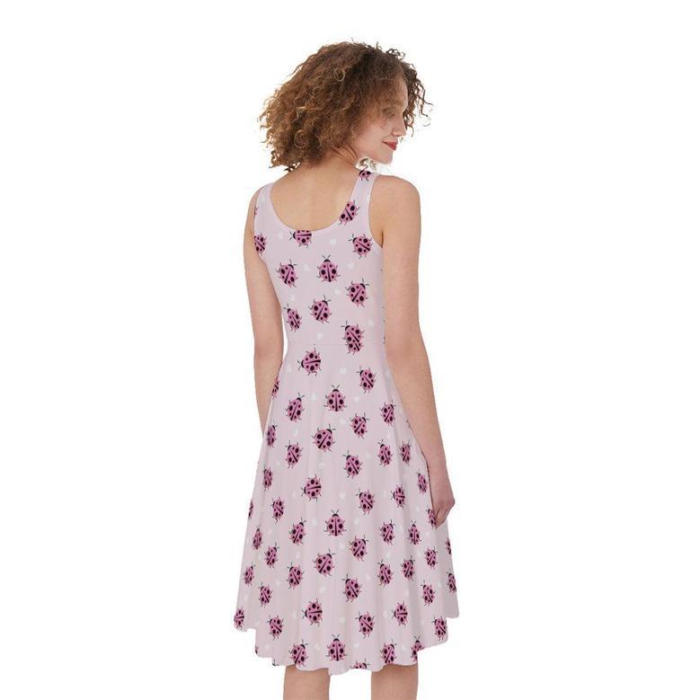 Pink Ladybug Pattern Print Sleeveless Knee Length Dress