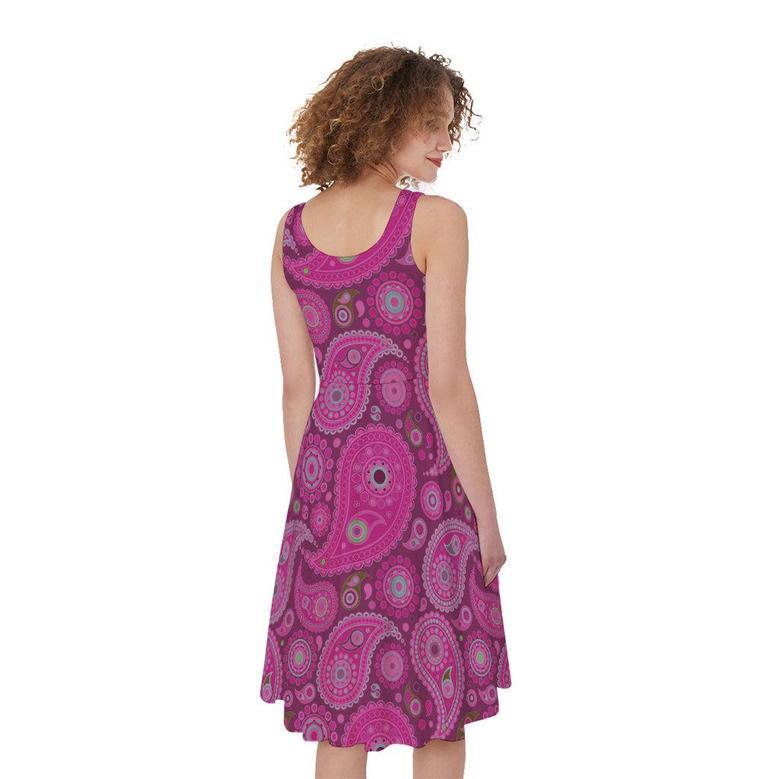 Pink Paisley Pattern Print Sleeveless Knee Length Dress