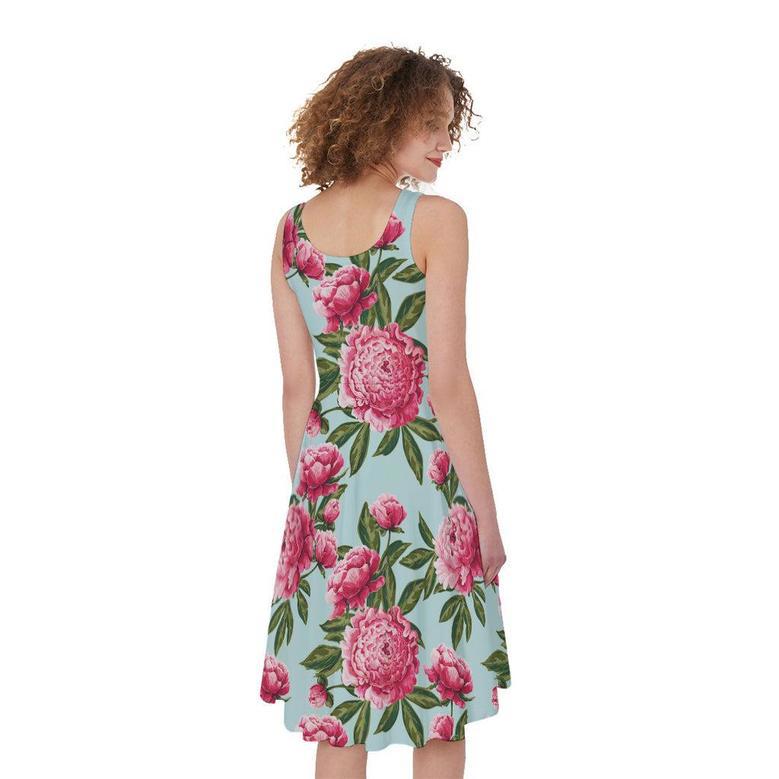 Pink Peony Pattern Print Sleeveless Knee Length Dress