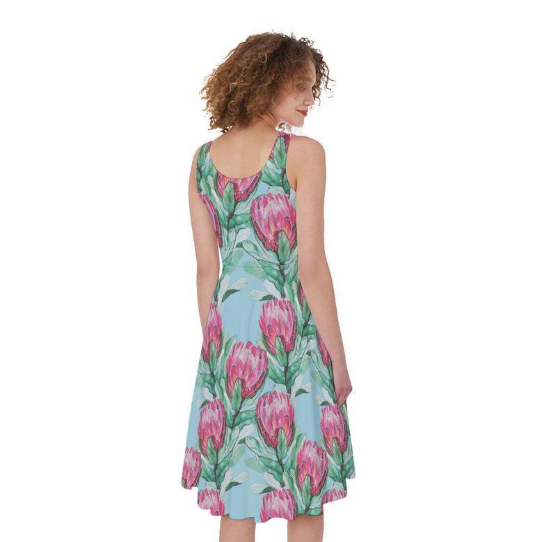 Pink Protea Pattern Print Sleeveless Knee Length Dress