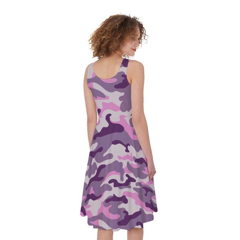 Pink Purple And Grey Camouflage Print Sleeveless Knee Length Dress